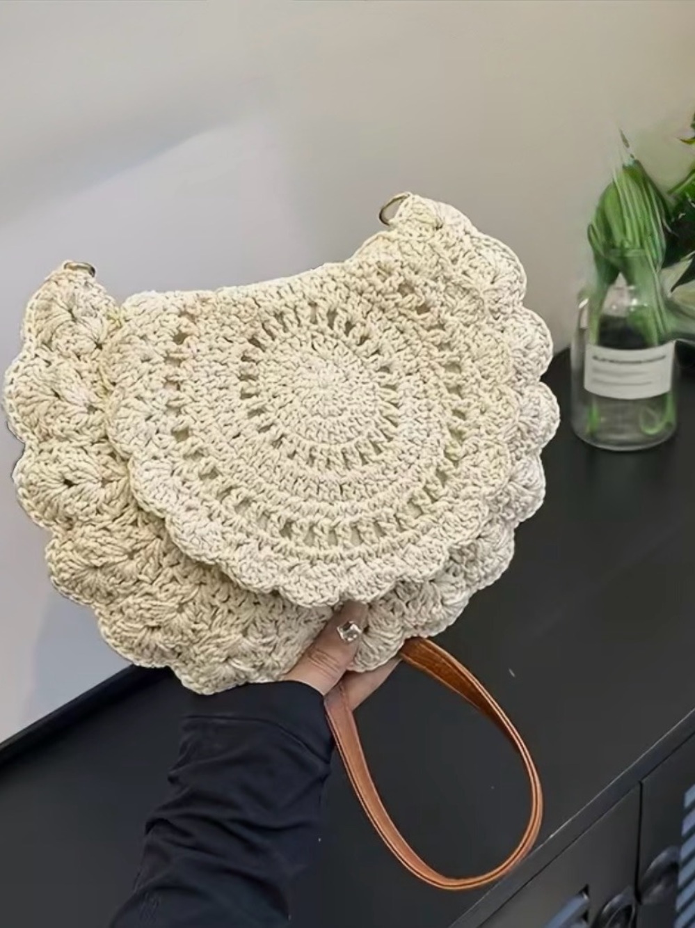 Handcrafted Cream Crochet Shoulder Bag with Tan Strap